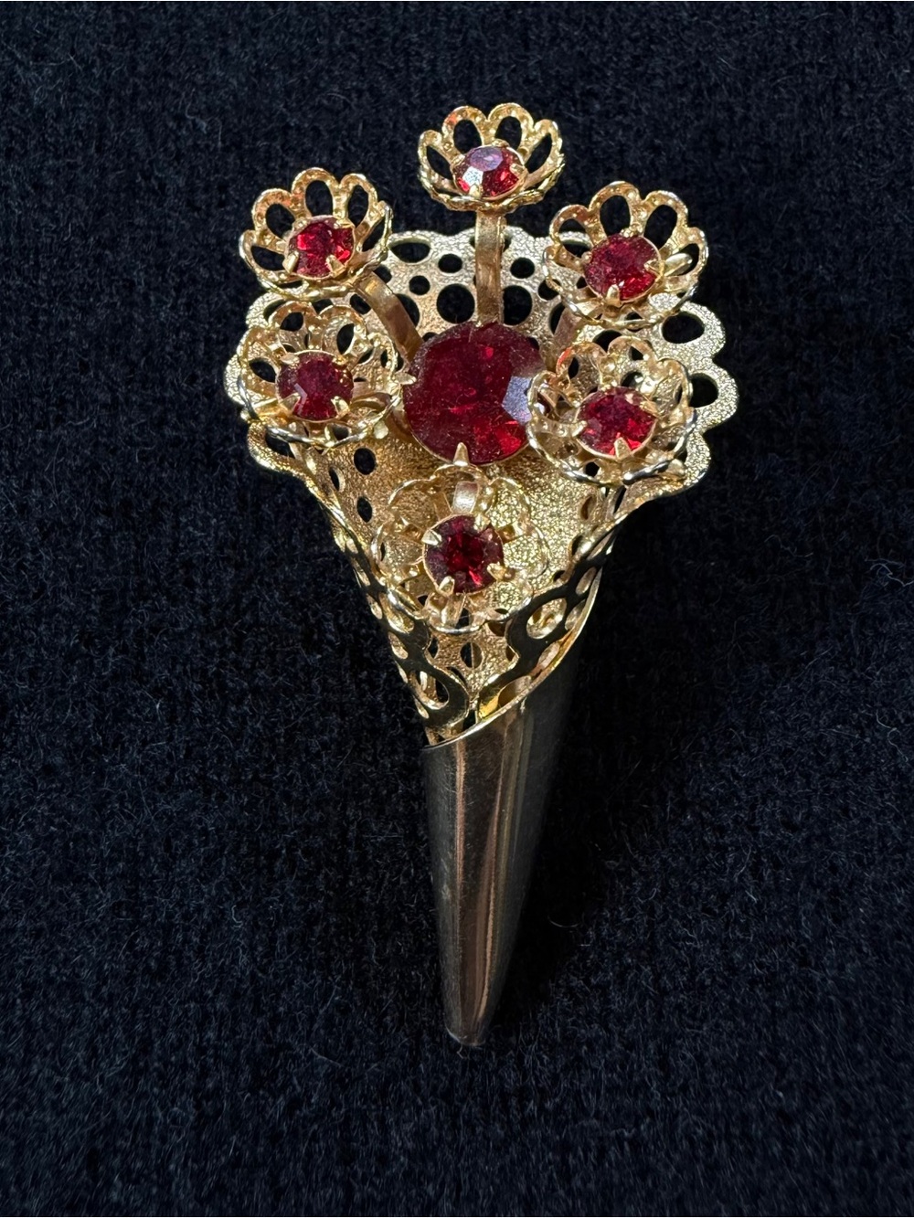 Vintage Flower Bouquet Gold Tone Brooch Pin Red Gemstones